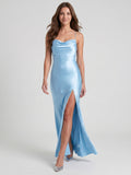 Ethereal Sky Blue Satin Sheath Straight Neck Backless Ankle-Length  Bridesmaid Dress