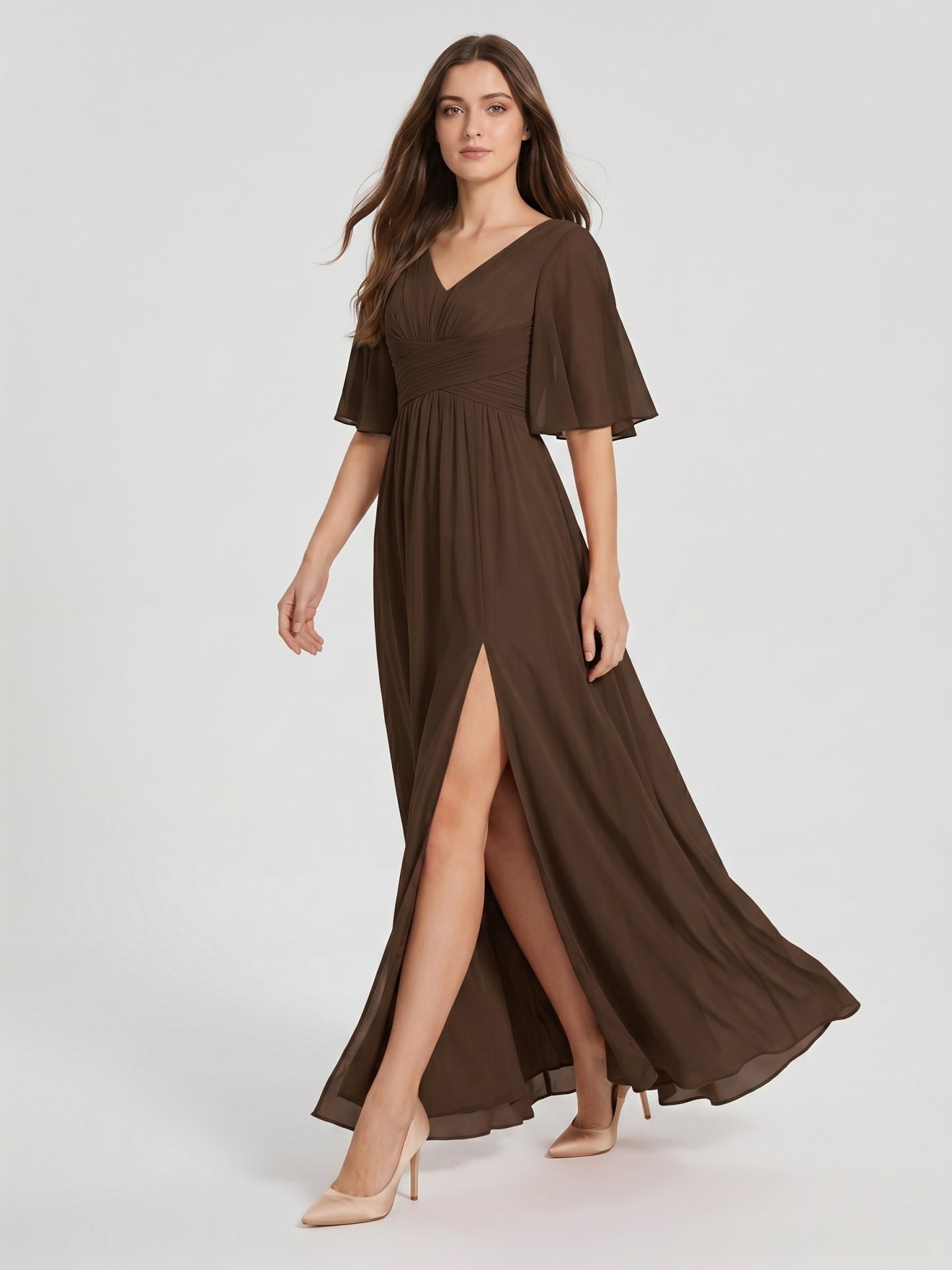 Mocha Chiffon A-Line V-Neck V-Back Ankle-Length Bridesmaid Dress