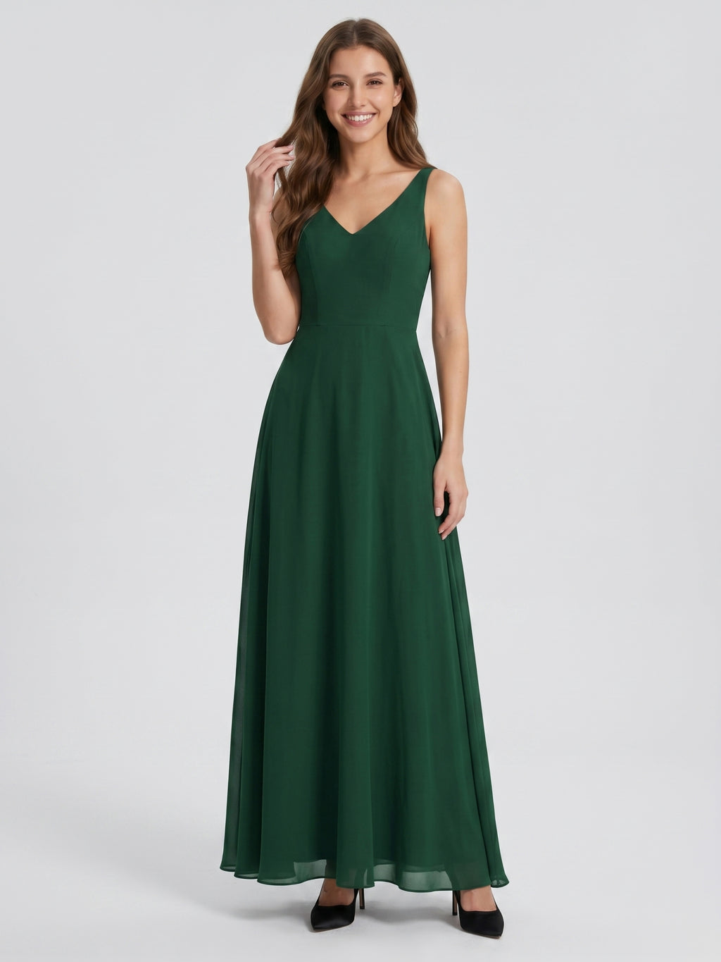 Forest Green Chiffon A-Line V-Neck Bow Back Floor-Length Bridesmaid Dress with Bow