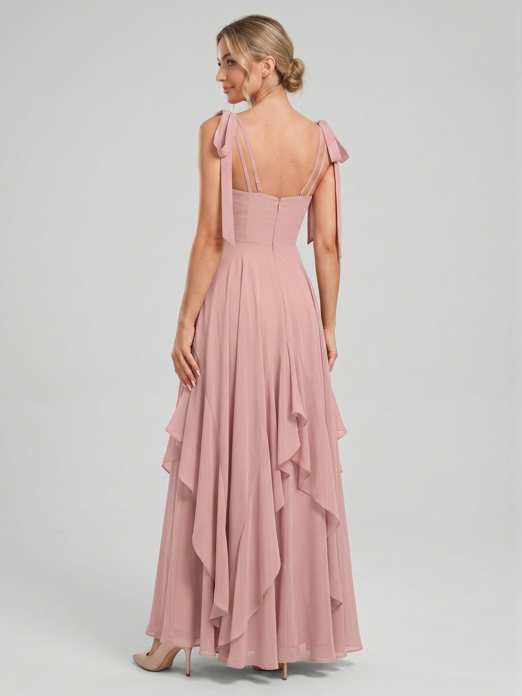 Sweet & Flowy Dusty Rose Chiffon A-Line V-Neck Back Zip with Ruffle Ankle-Length Bridesmaid Dress