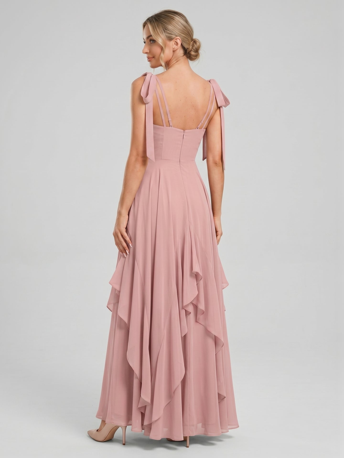 Sweet & Flowy Dusty Rose Chiffon A-Line V-Neck Back Zip with Ruffle Ankle-Length Bridesmaid Dress