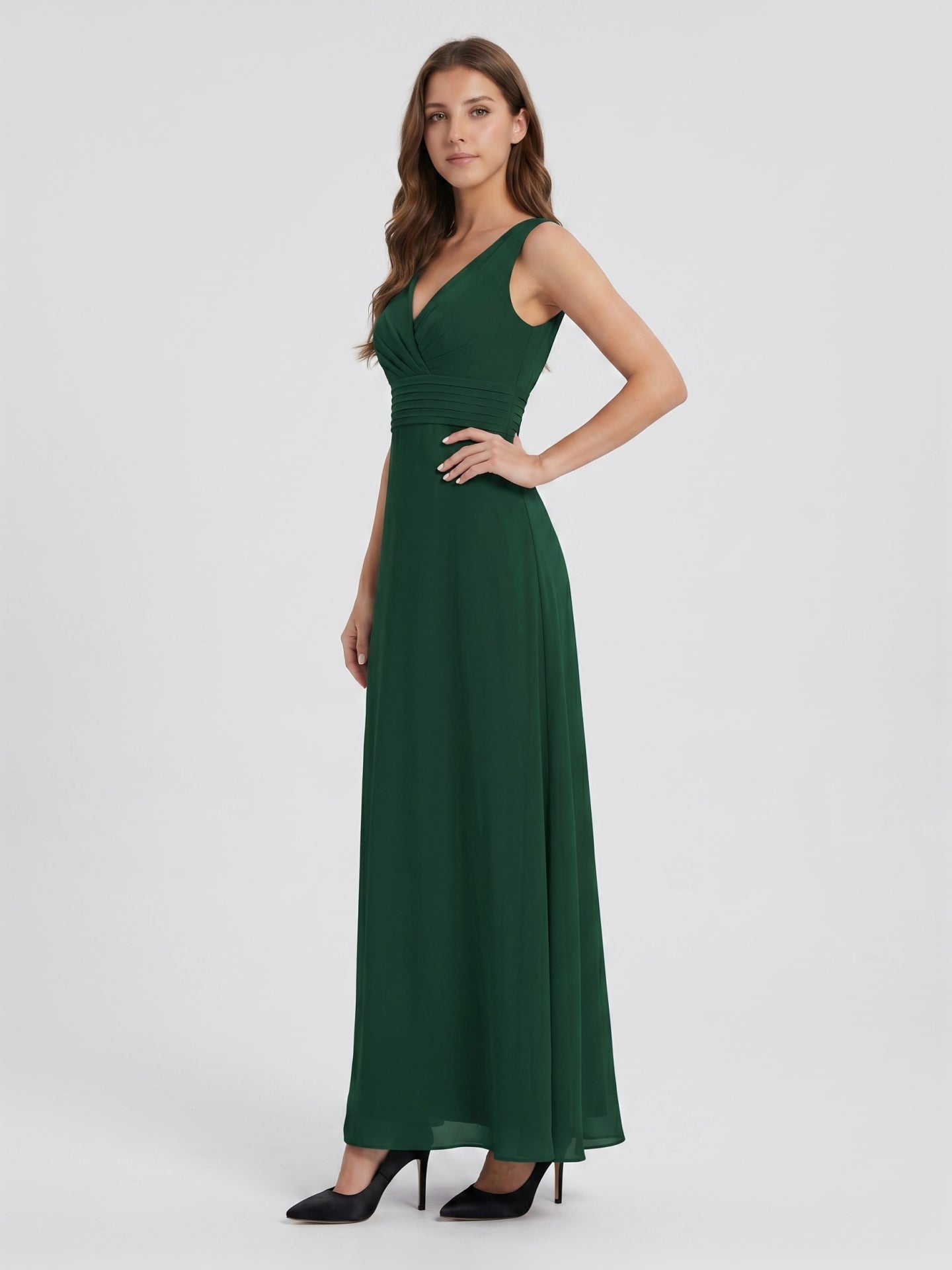 Forest Green Chiffon A-Line V-Neck Keyhole Back Floor-Length Pleated Bridesmaid Dress