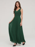 Forest Green Chiffon A-Line V-Neck V-Back Floor-Length Pleated Bridesmaid Dress