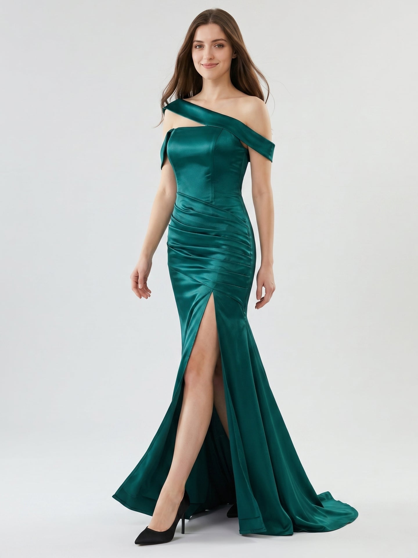 Peacock Satin Sheath Off-the-Shoulder Backless Floor-Length Pleated Bridesmaid  Dress