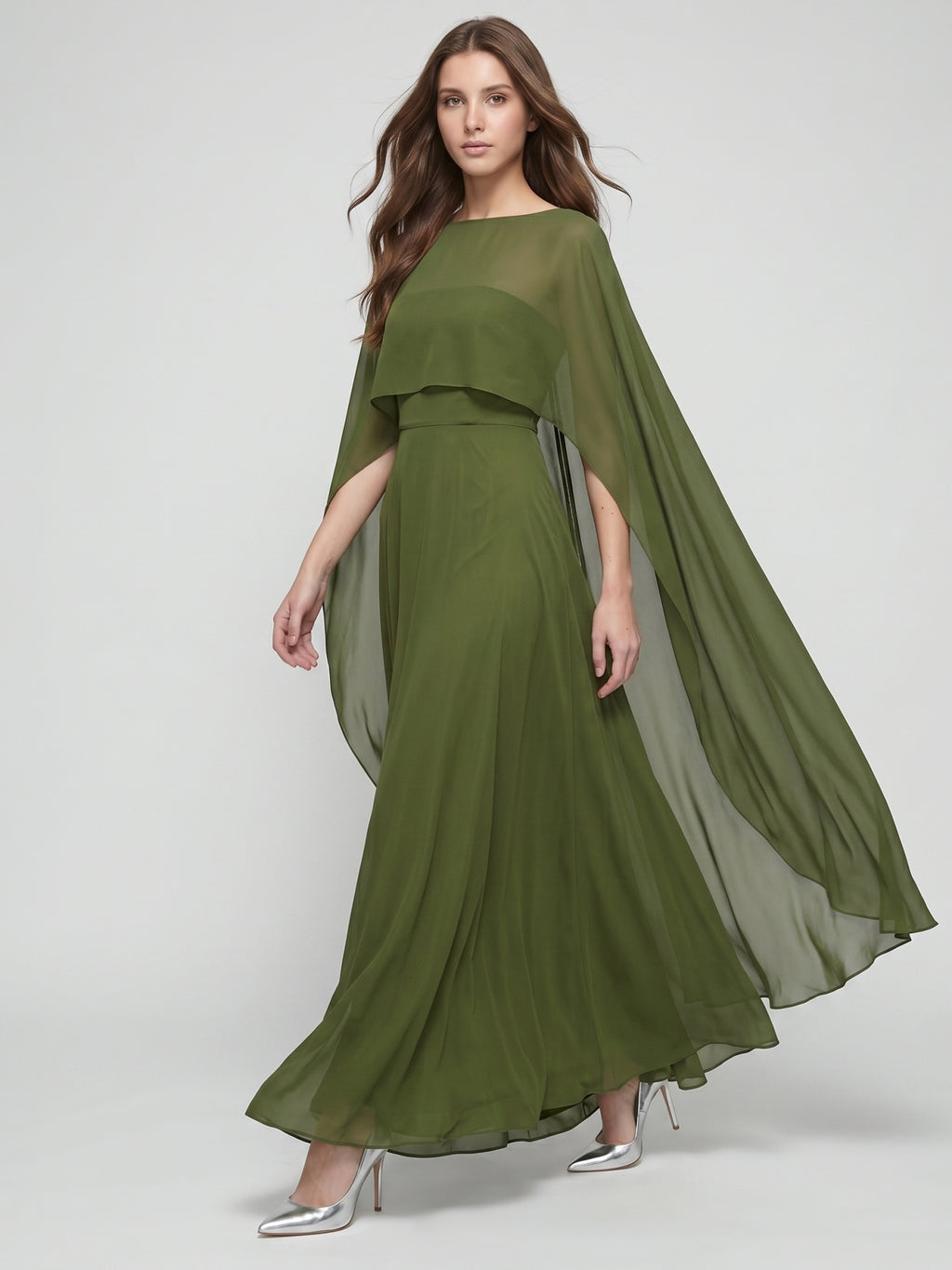 Olive Green Chiffon A-Line Straight Neck Illusion Back Floor-Length Bridesmaid Dress with Cape