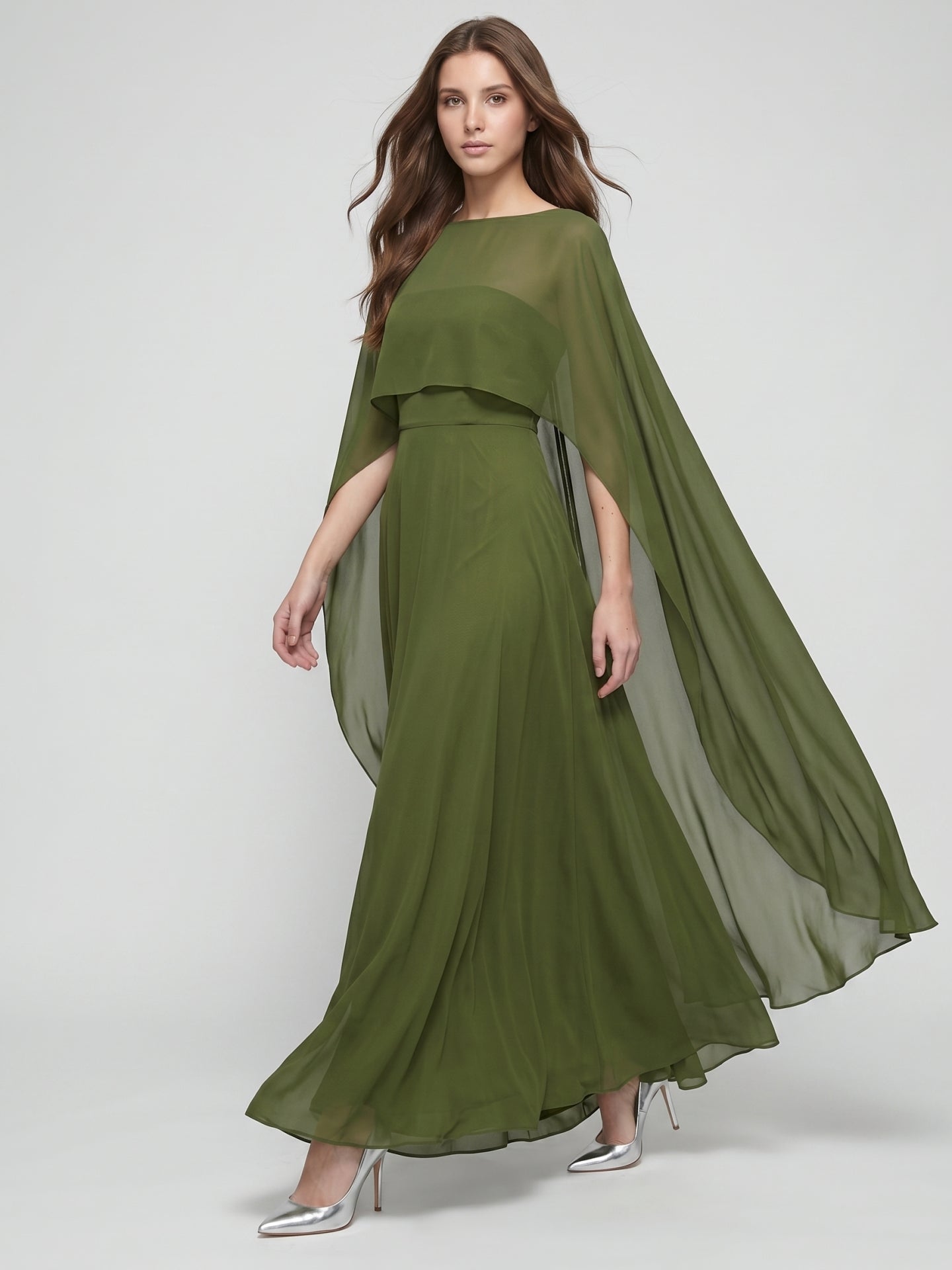 Olive Green Chiffon A-Line Straight Neck Illusion Back Floor-Length Bridesmaid Dress with Cape