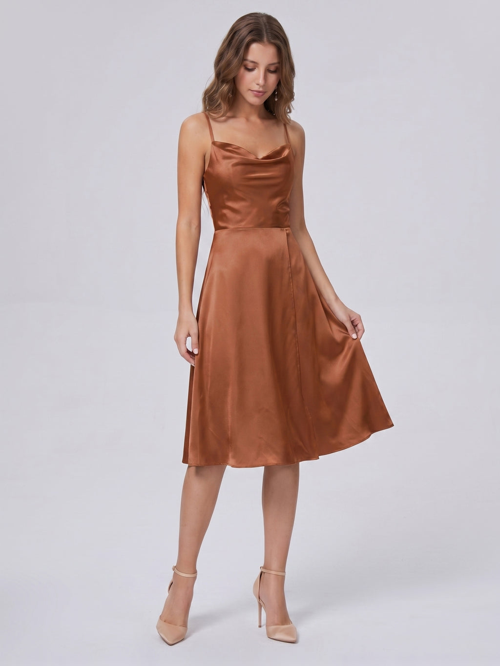 Terracotta Satin A-Line Cowl Neck Backless Knee-Length Bridesmaid Dress