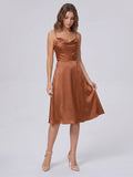Terracotta Satin A-Line Cowl Neck Backless Knee-Length Bridesmaid Dress