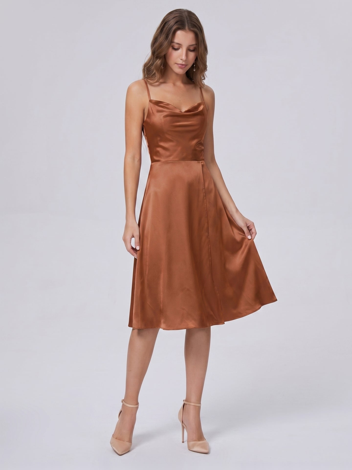 Terracotta Satin A-Line Cowl Neck Backless Knee-Length Bridesmaid Dress