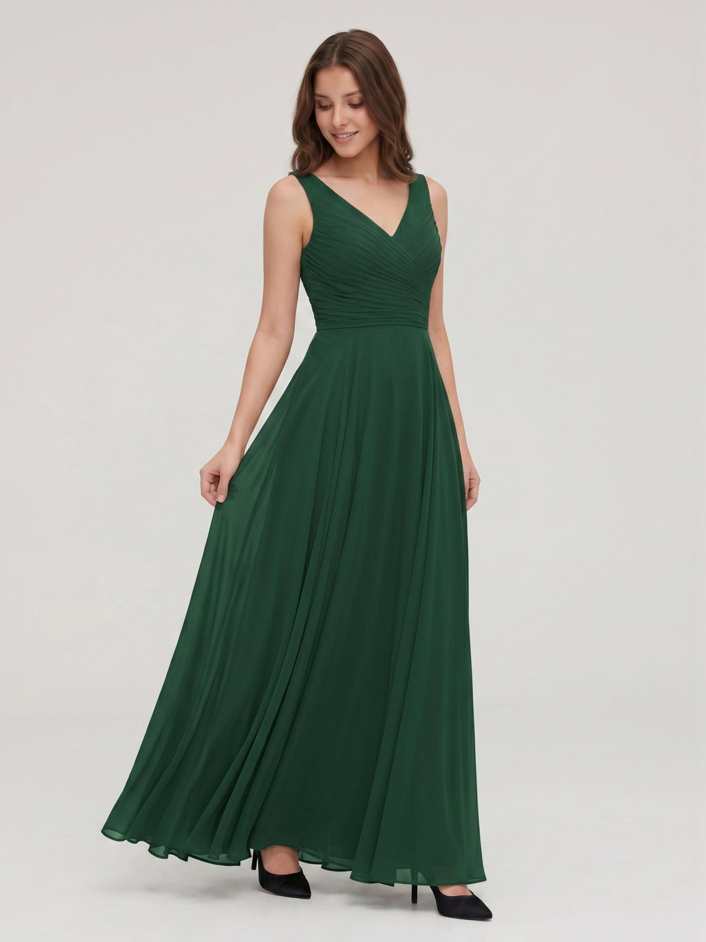 Forest Green Chiffon A-Line V-Neck V-Back Floor-Length Pleated Bridesmaid Dress