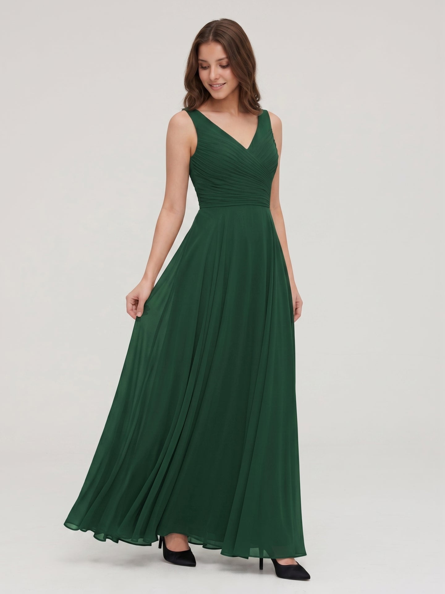 Forest Green Chiffon A-Line V-Neck V-Back Floor-Length Pleated Bridesmaid Dress