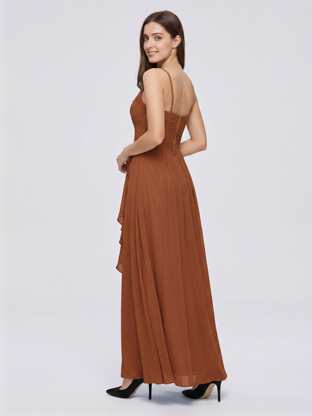 Terracotta Chiffon A-Line V-Neck Backless Floor-Length Pleated Bridesmaid Dress