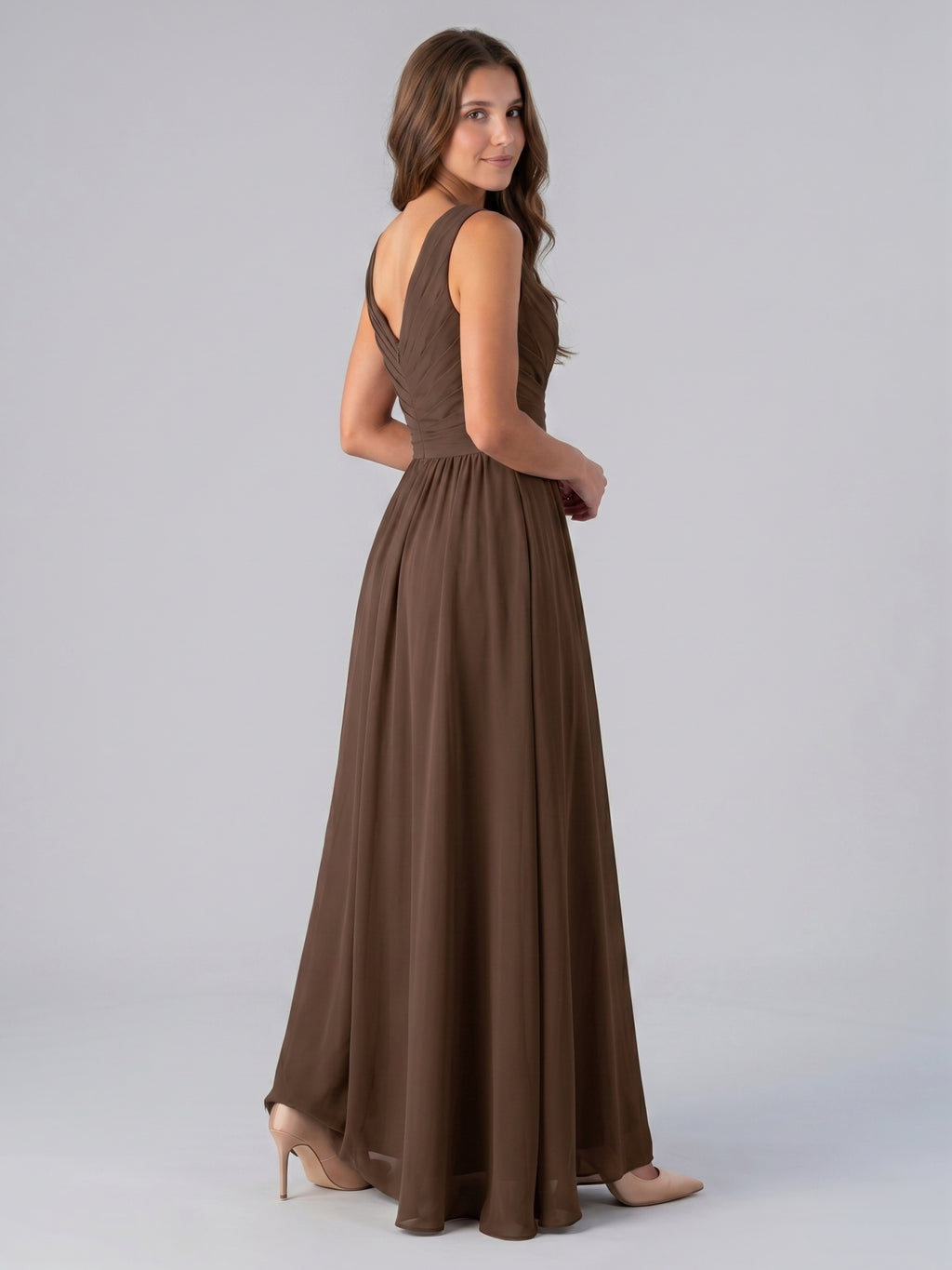 Mocha Chiffon A-Line V-Neck Back Zip Floor-Length Pleated Bridesmaid Dress