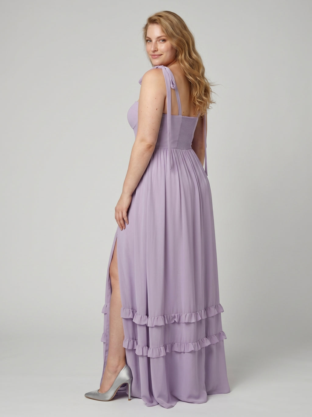 Coquette Lavender Chiffon A-Line Straight Neck Backless Ankle-Length Plus Size Bridesmaid Dress