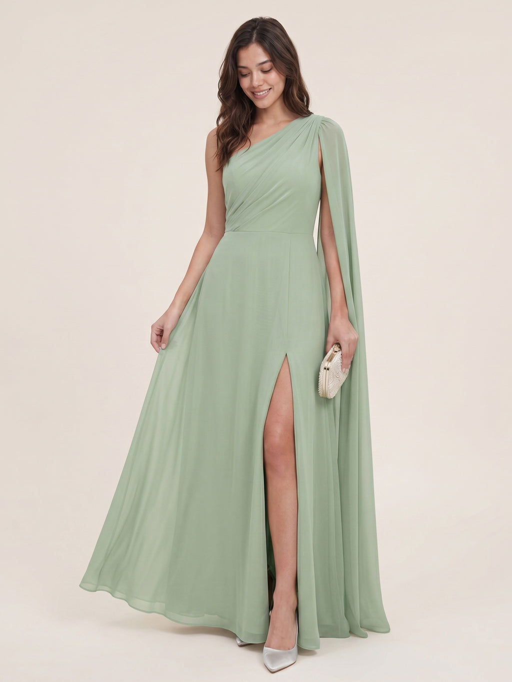 Modern Dusty Sage Chiffon A-Line One Shoulder Side Zip Ankle-Length Bridesmaid Dress