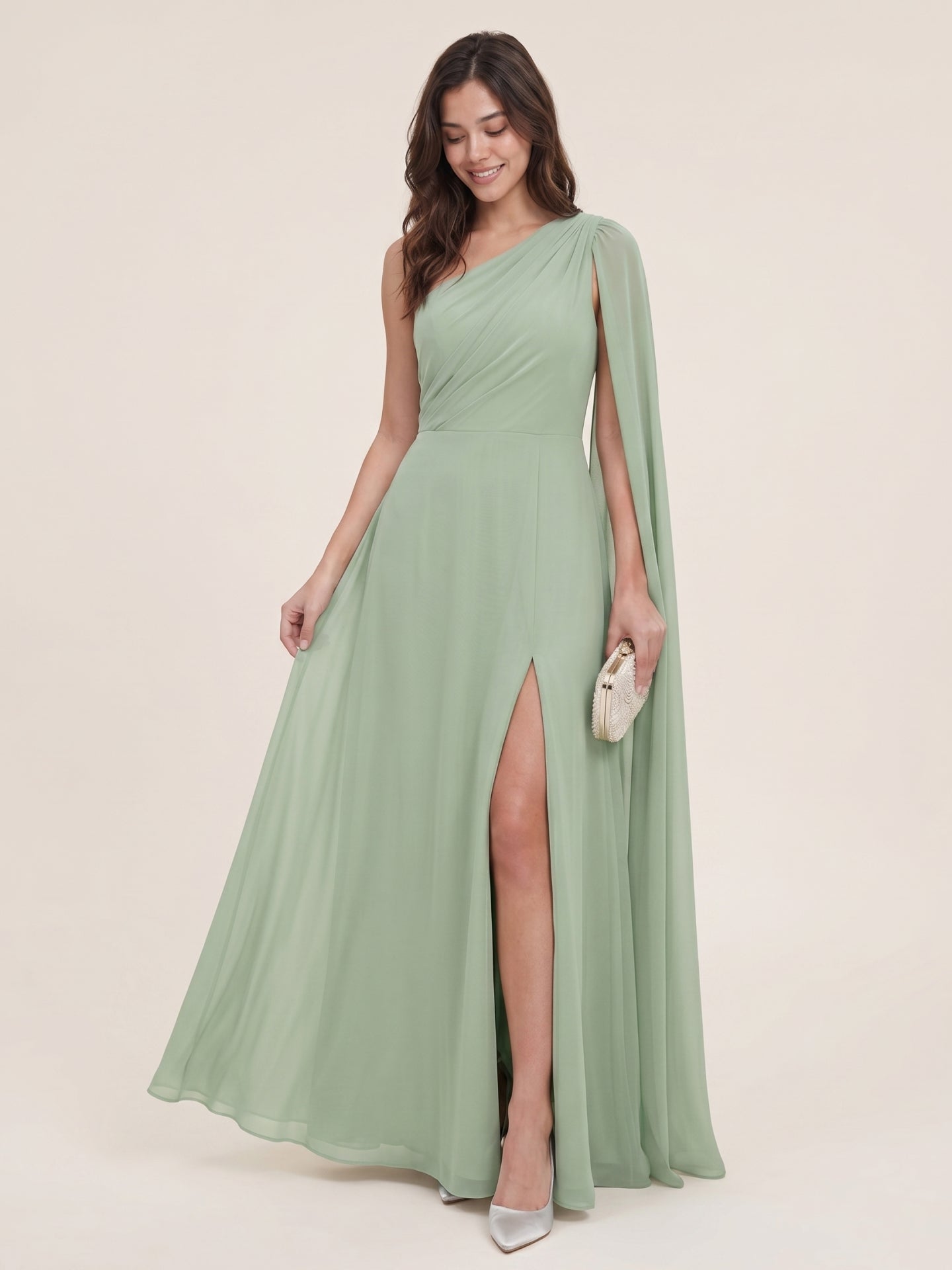 Modern Dusty Sage Chiffon A-Line One Shoulder Side Zip Ankle-Length Bridesmaid Dress