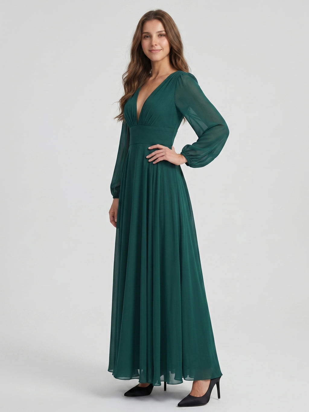 Peacock Chiffon A-Line V-Neck V-Back Floor-Length Bridesmaid Dress