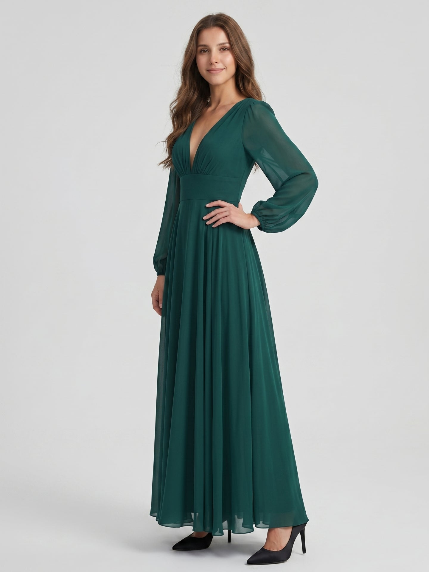 Peacock Chiffon A-Line V-Neck V-Back Floor-Length Bridesmaid Dress