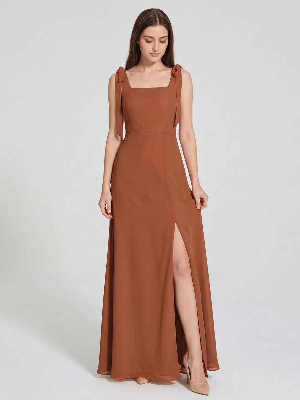 Terracotta Chiffon A-Line Square Neck Backless Floor-Length Bridesmaid Dress with Bow