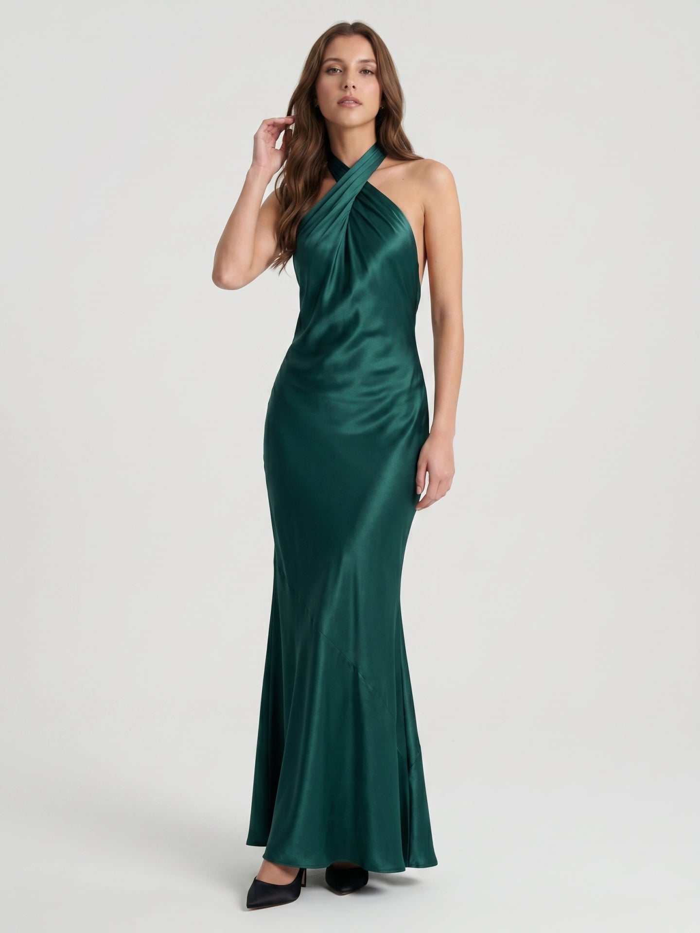 Peacock Satin Sheath Halter Backless Floor-Length Pleated Bridesmaid Dress