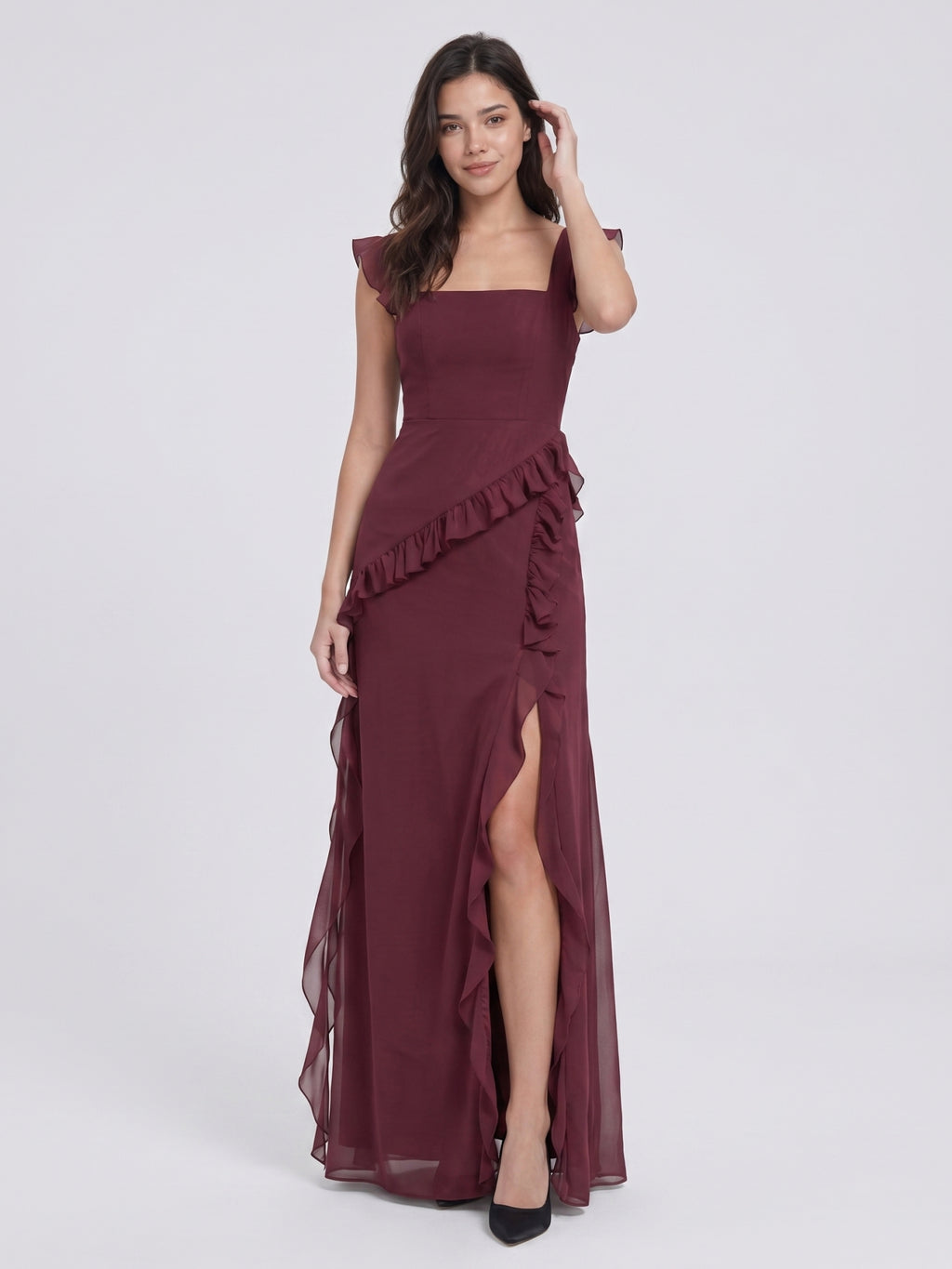 Elegant Cabernet Chiffon A-Line Square Neck Back Zip Ruffle Ankle-Length Bridesmaid Dress