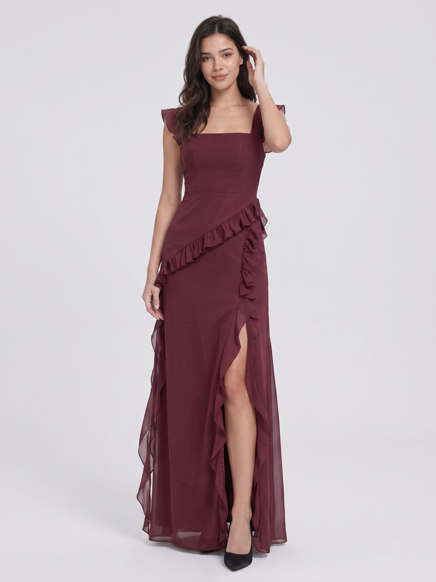 Elegant Cabernet Chiffon A-Line Square Neck Back Zip Ruffle Ankle-Length Bridesmaid Dress