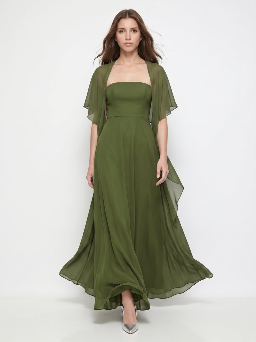 Olive Green Chiffon A-Line Straight Neck Backless Floor-Length Bridesmaid Dress with Cape