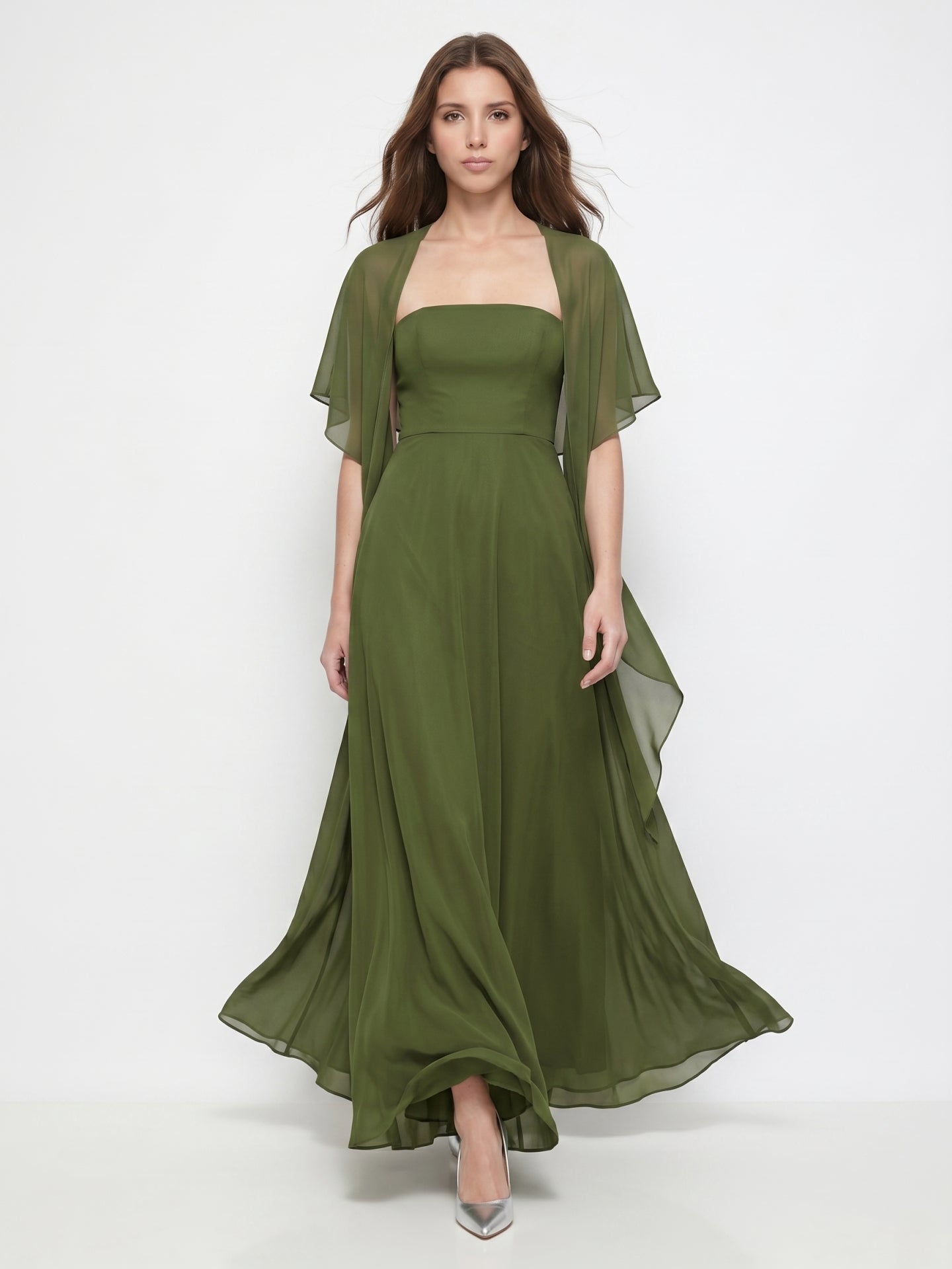 Olive Green Chiffon A-Line Straight Neck Backless Floor-Length Bridesmaid Dress with Cape