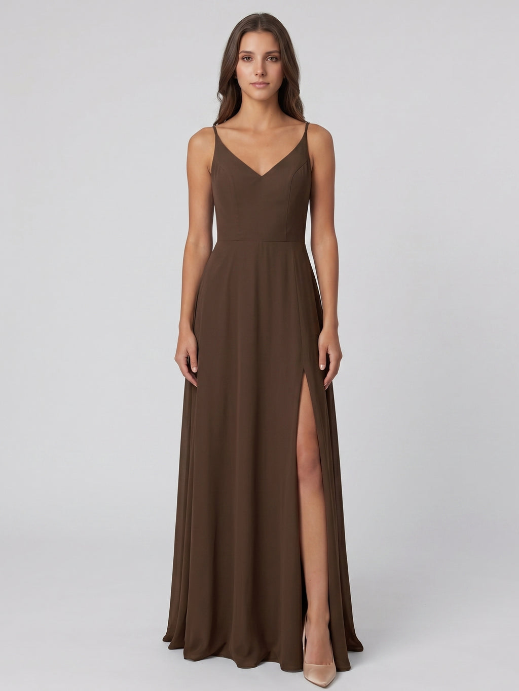Mocha Chiffon A-Line V-Neck V-Back Floor-Length Bridesmaid Dress