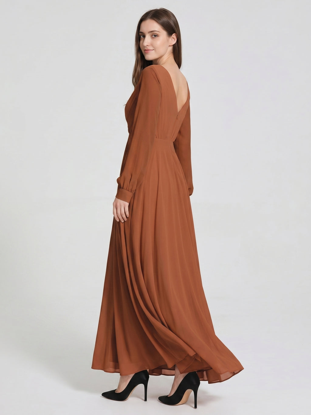 Terracotta Chiffon A-Line V-Neck Back Zip Floor-Length Pleated Bridesmaid Dress