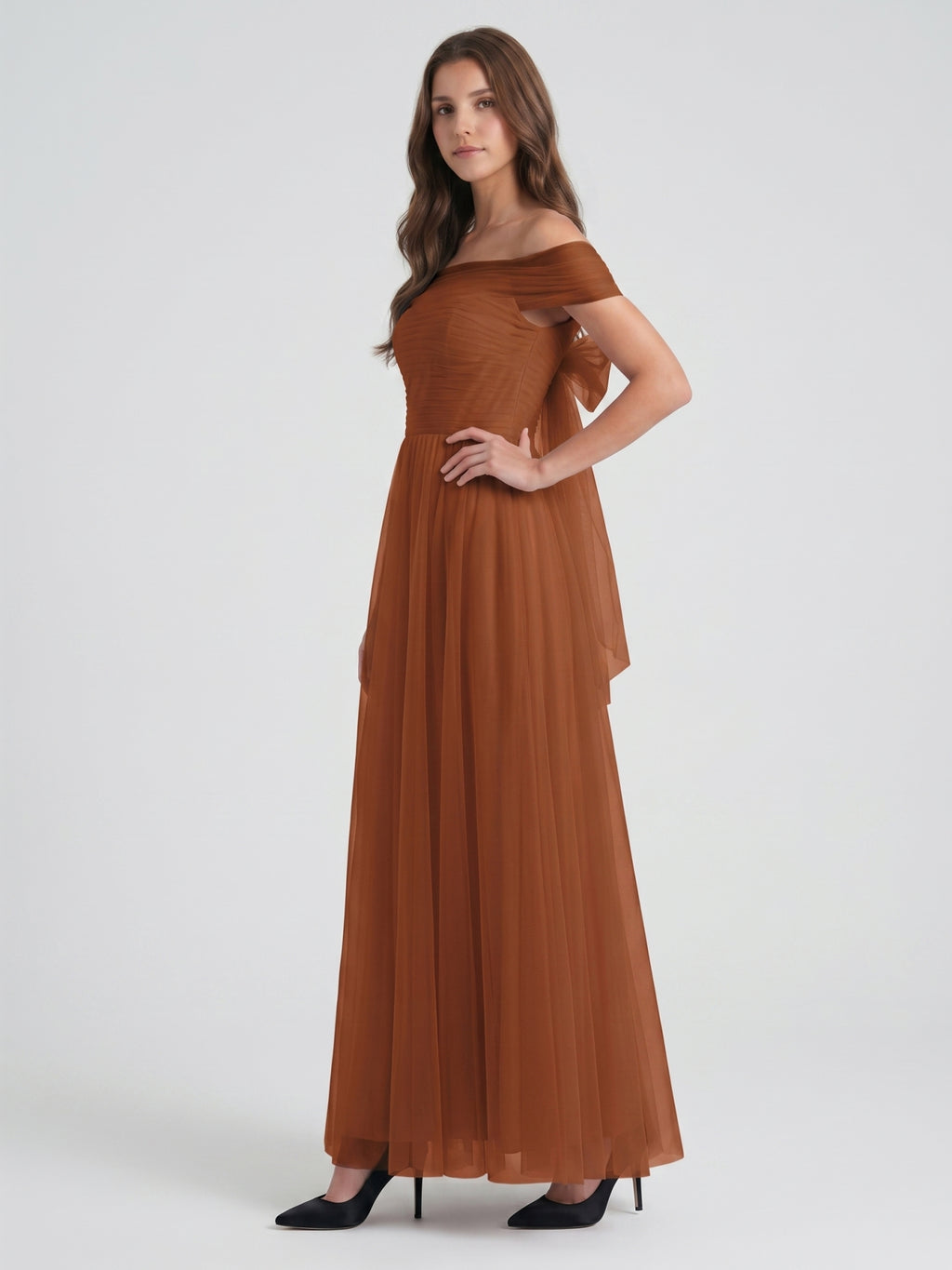 Terracotta Tulle A-Line Off-the-Shoulder Backless Floor-Length Bridesmaid Dress with Bow