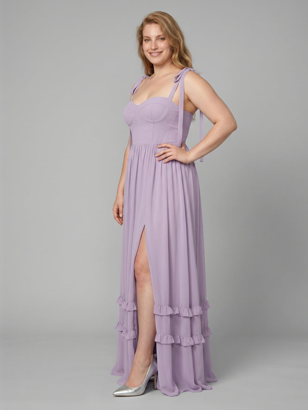 Coquette Lavender Chiffon A-Line Straight Neck Backless Ankle-Length Plus Size Bridesmaid Dress