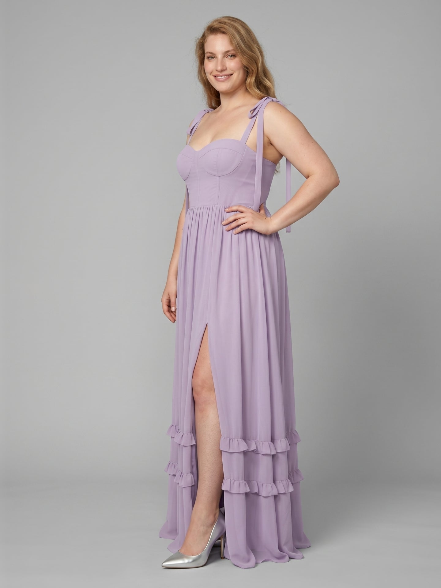Coquette Lavender Chiffon A-Line Straight Neck Backless Ankle-Length Plus Size Bridesmaid Dress