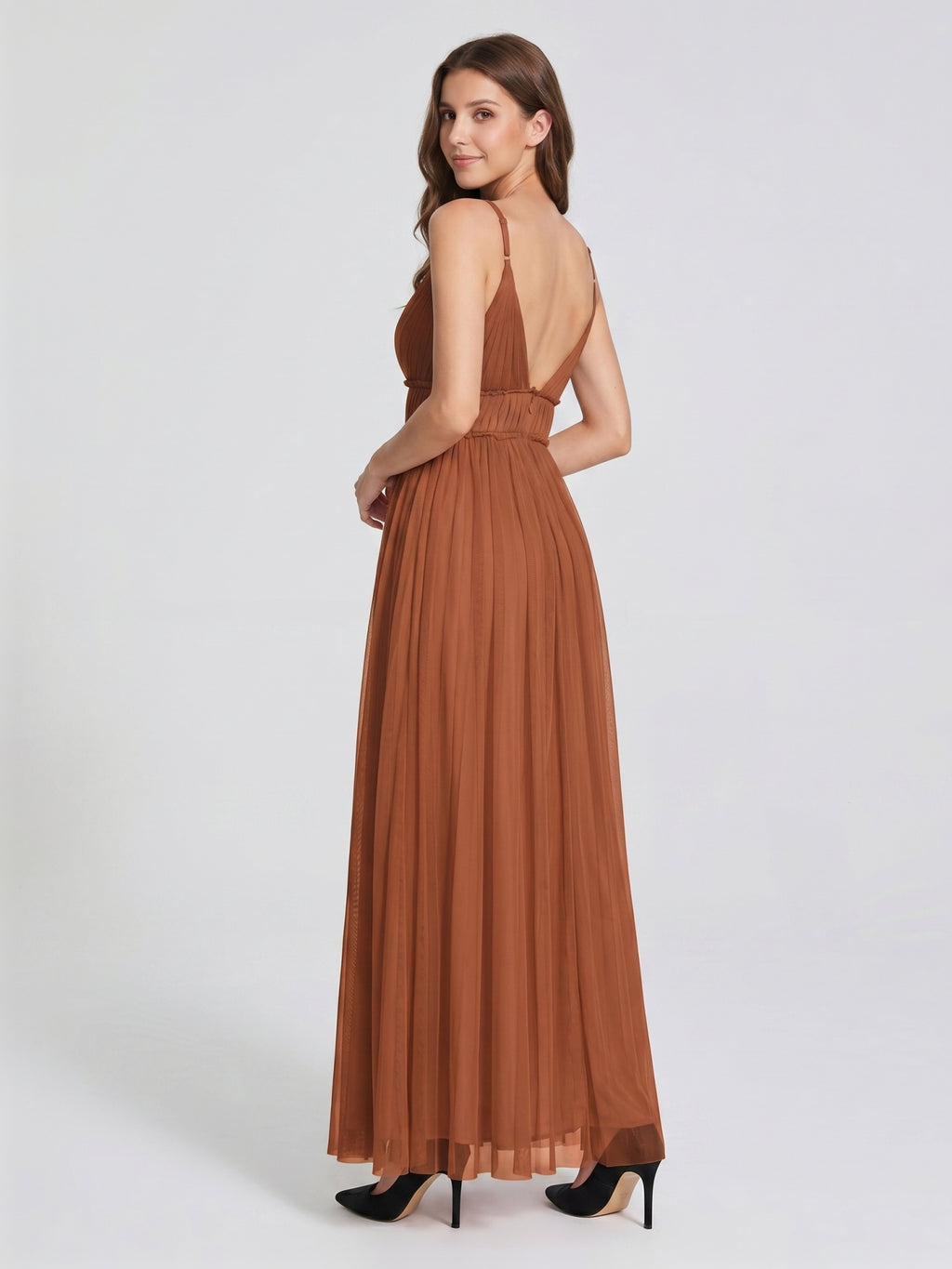 Terracotta Tulle A-Line V-Neck Backless Floor-Length Pleated Bridesmaid Dress