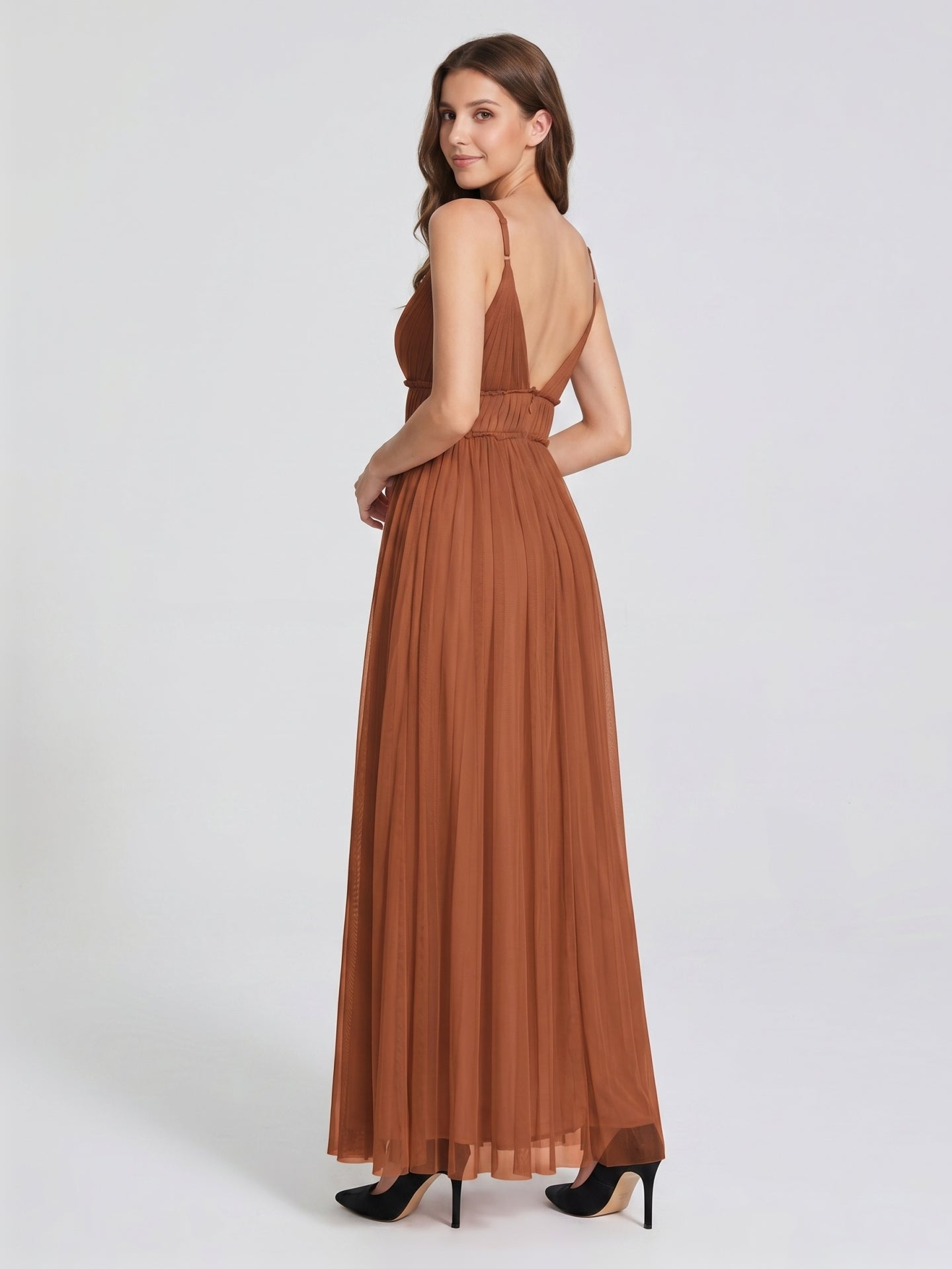 Terracotta Tulle A-Line V-Neck Backless Floor-Length Pleated Bridesmaid Dress