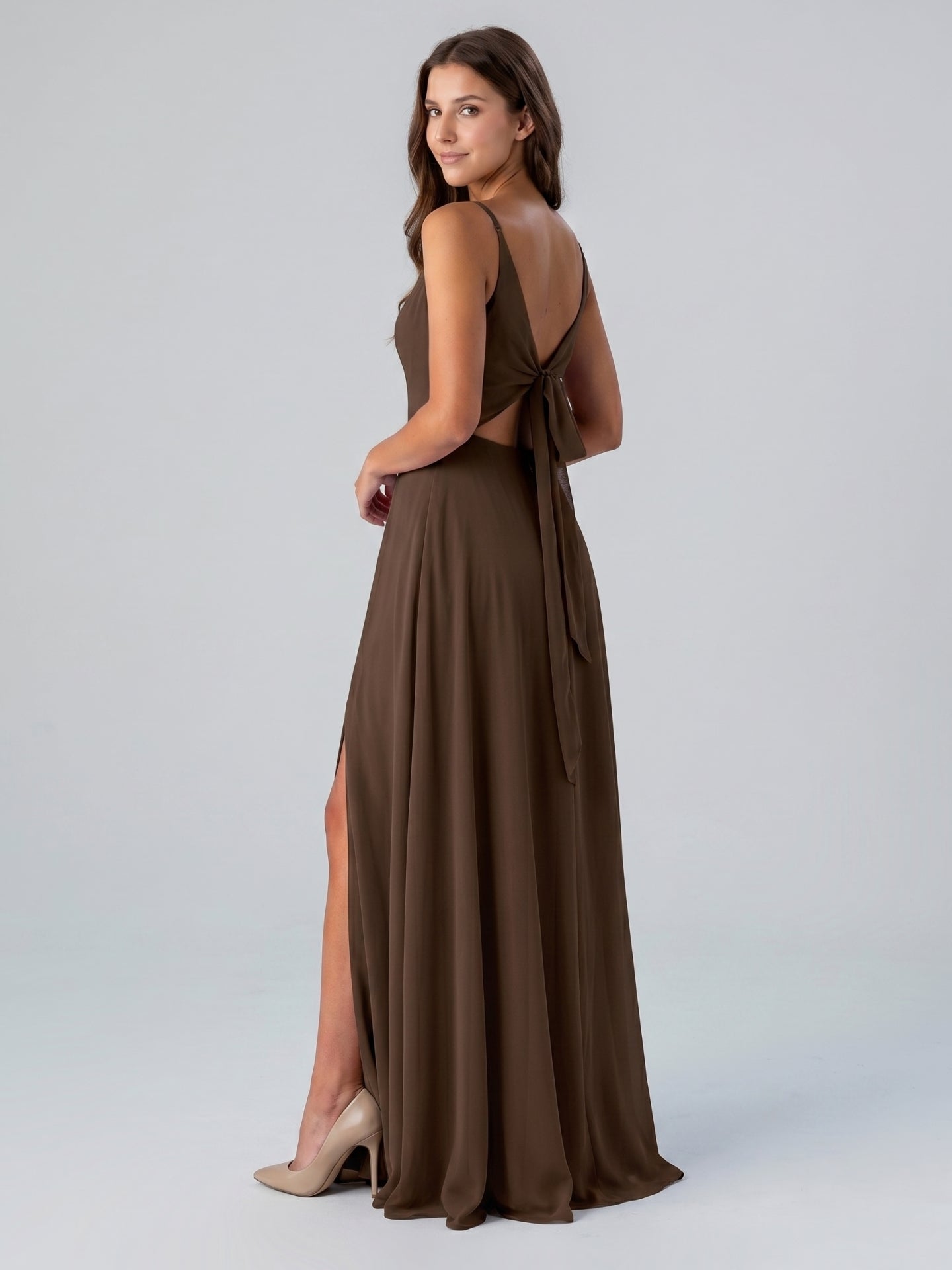 Mocha Chiffon A-Line V-Neck Lace-Up Back Floor-Length Bridesmaid Dress with Bow