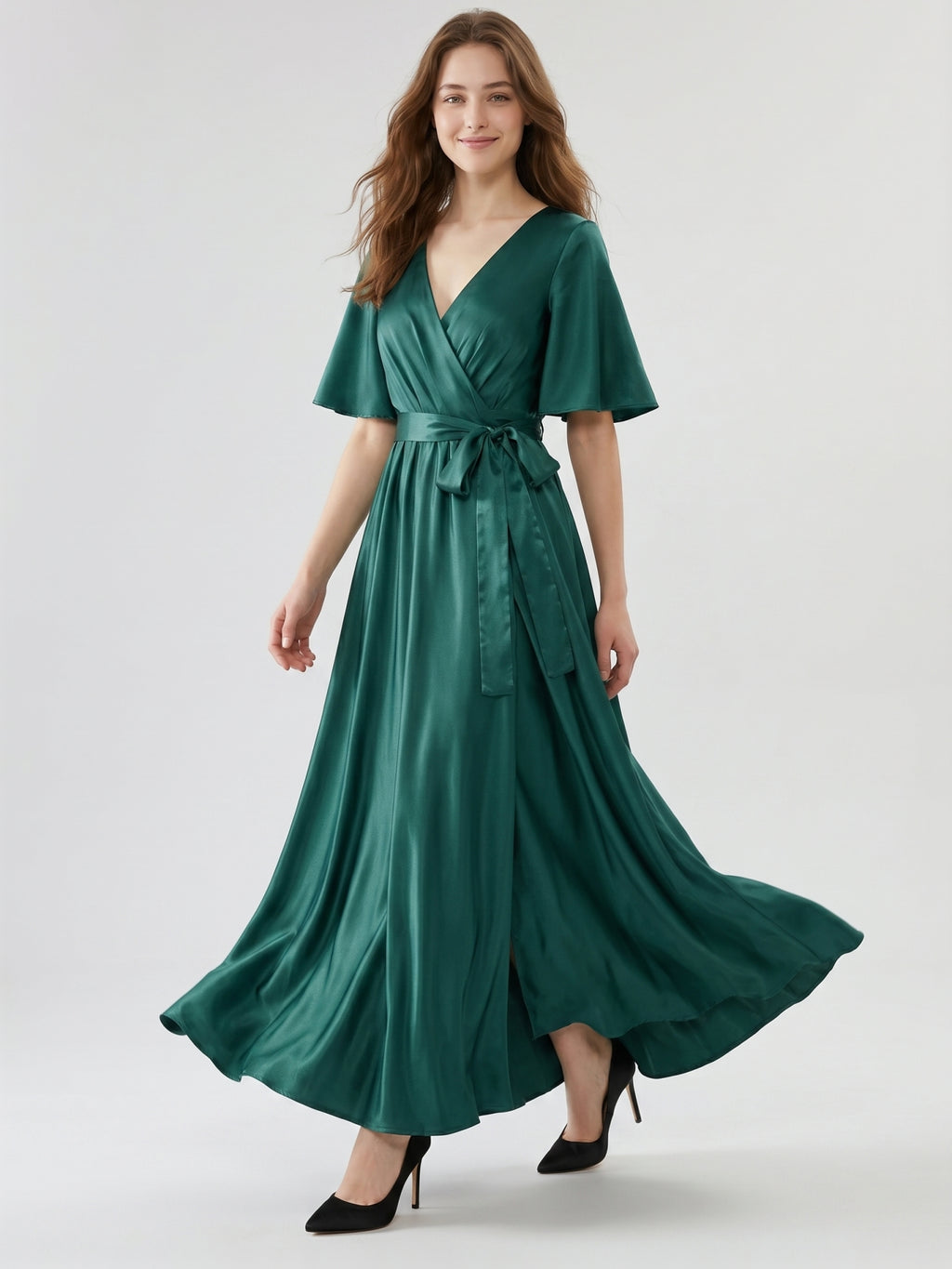 Peacock Satin A-Line V-Neck Side Zip Floor-Length Bridesmaid Dress with Bow