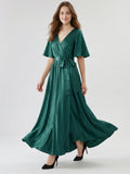 Peacock Satin A-Line V-Neck Side Zip Floor-Length Bridesmaid Dress with Bow