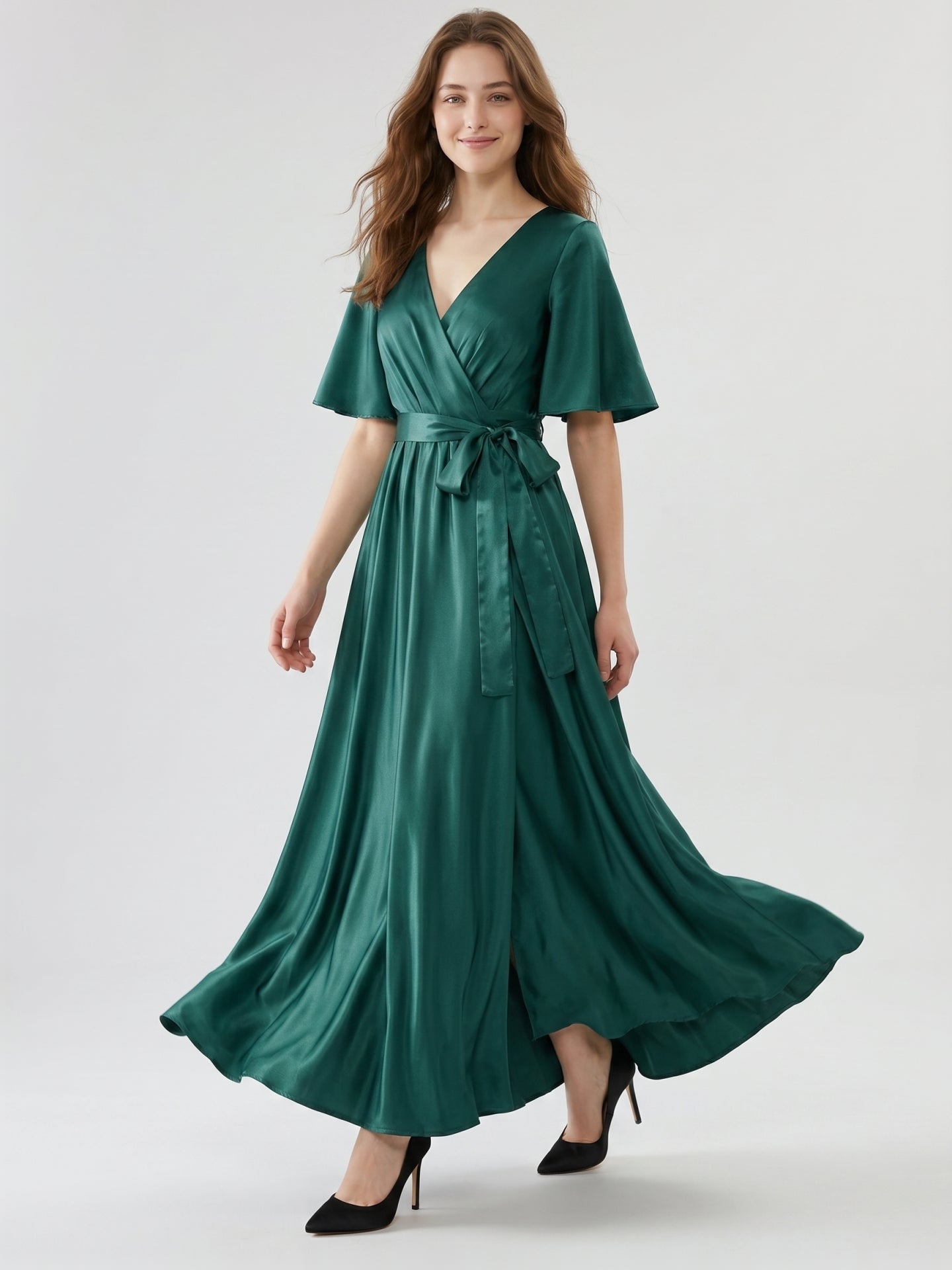 Peacock Satin A-Line V-Neck Side Zip Floor-Length Bridesmaid Dress with Bow