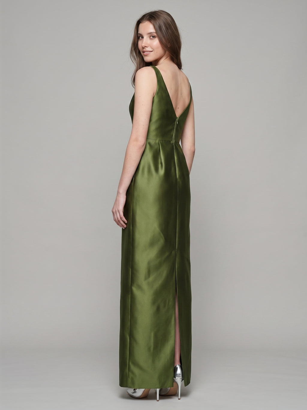 Olive Green Satin Column Straight Neck V-Back Floor-Length Bridesmaid Dress with Pockets