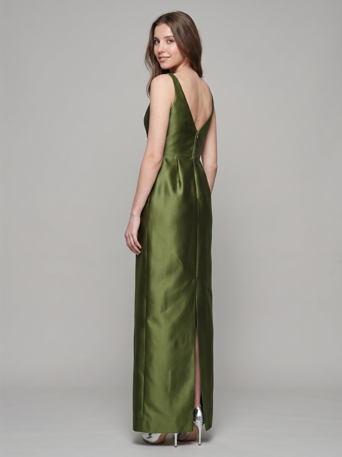 Olive Green Satin Column Straight Neck V-Back Floor-Length Bridesmaid Dress with Pockets