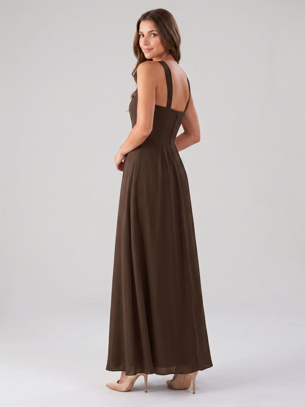 Mocha Chiffon A-Line Halter Backless Floor-Length Bridesmaid Dress with Pockets