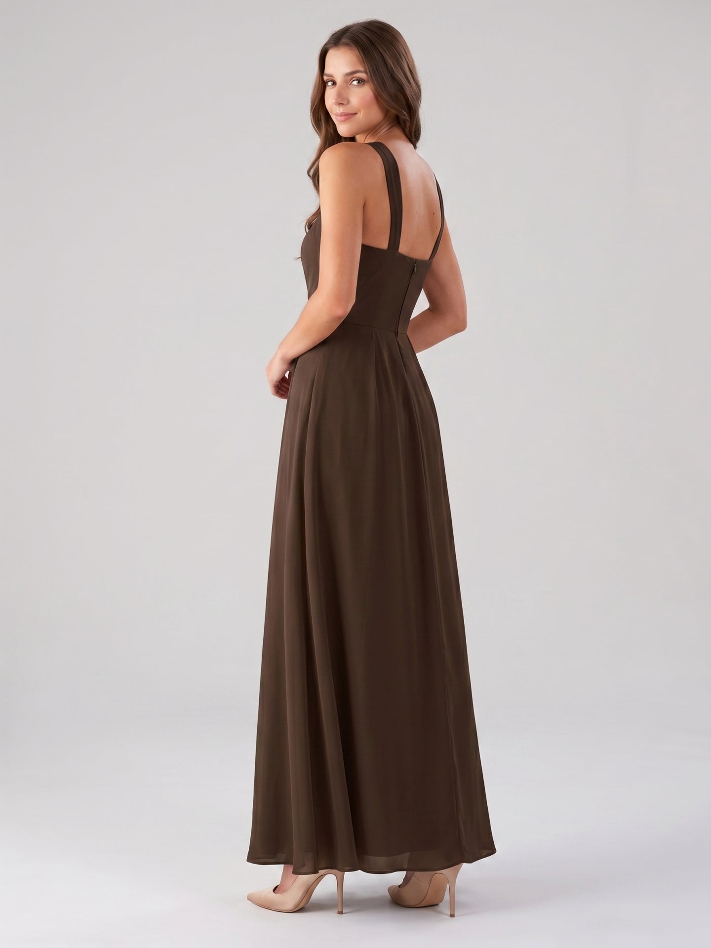 Mocha Chiffon A-Line Halter Backless Floor-Length Bridesmaid Dress with Pockets
