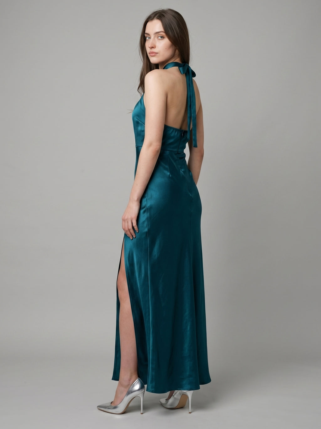Teal Satin Sheath Halter Lace-Up Back Ankle-Length Bridesmaid Dress