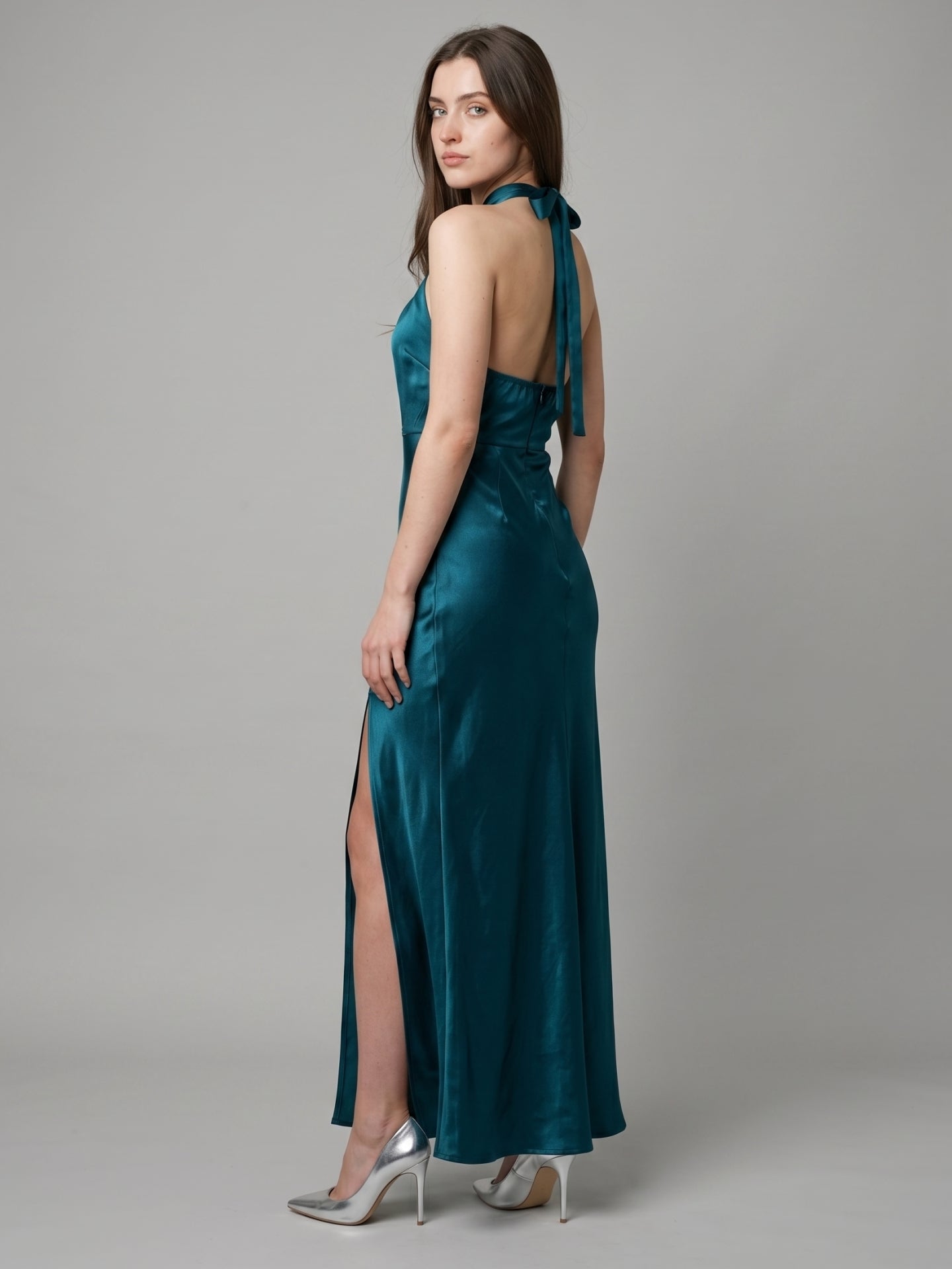 Teal Satin Sheath Halter Lace-Up Back Ankle-Length Bridesmaid Dress