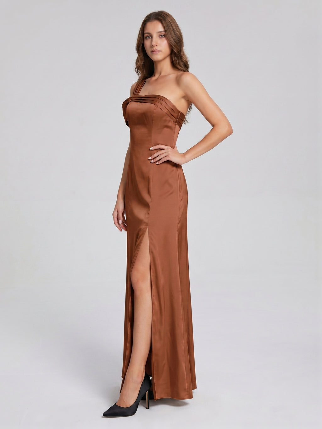 Terracotta Satin Column One Shoulder Backless Floor-Length Bridesmaid Dress