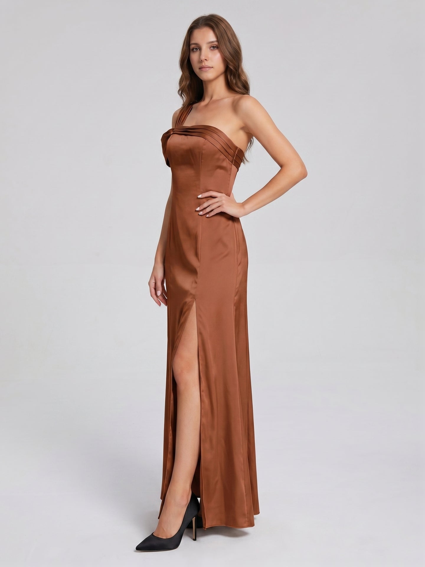 Terracotta Satin Column One Shoulder Backless Floor-Length Bridesmaid Dress