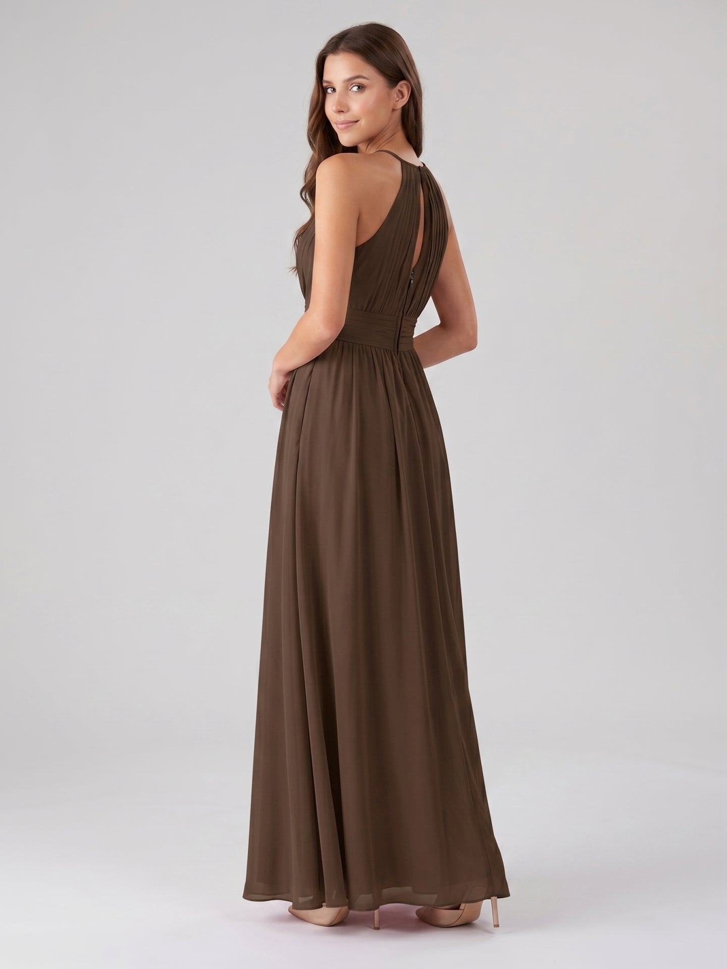 Mocha Chiffon A-Line Halter Keyhole Back Floor-Length Bridesmaid Dress