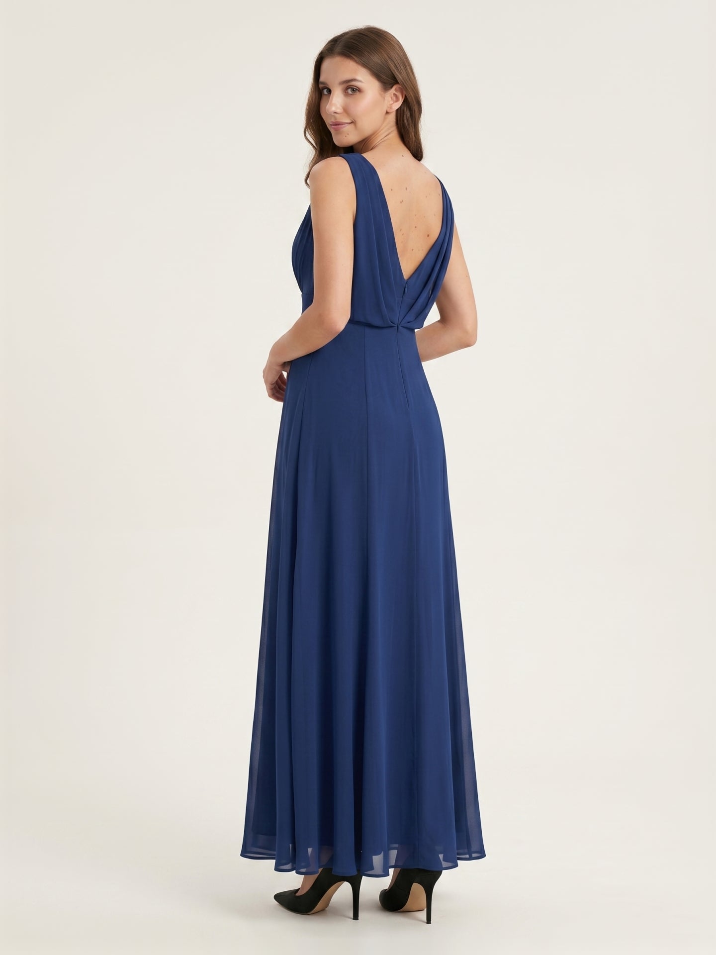 Simple Navy Blue Chiffon A-Line Scoop Neck V-Back with Bow Accent Ankle-Length Bridesmaid Dress