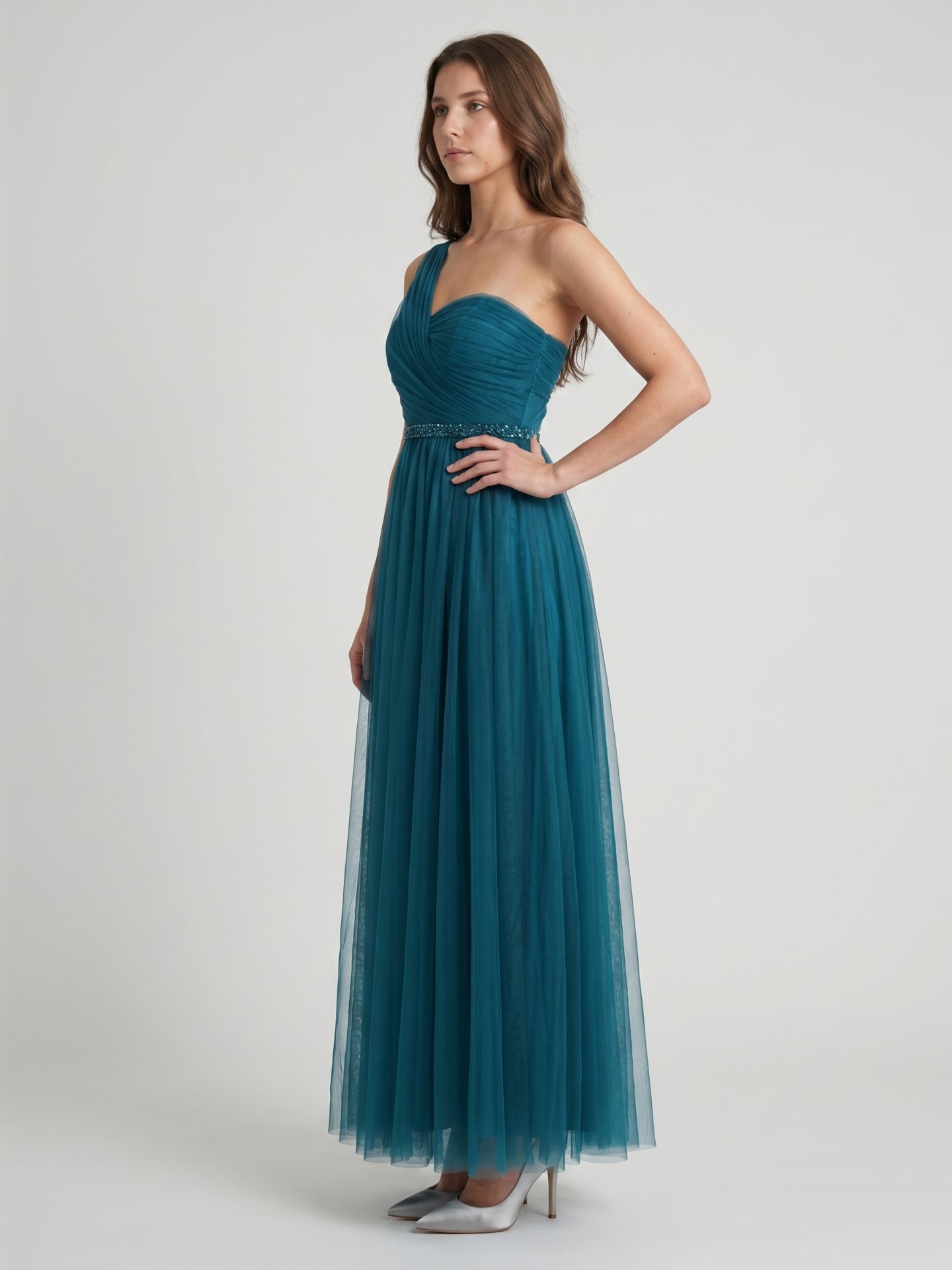 Teal Tulle A-Line One Shoulder Back Zip Floor-Length Pleated Bridesmaid Dress